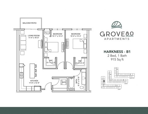 Floor plan for 2 beds, 1 bath, 915 sqft
